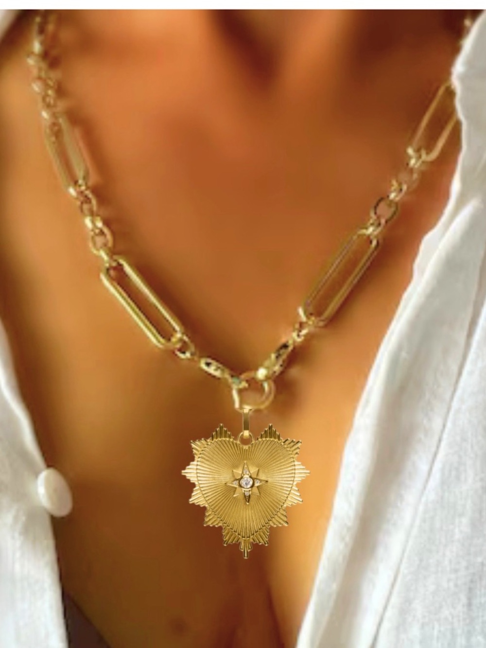 Radiant Gold Sunburst Heart Pendant on Adjustable 18” Paperclip Chain